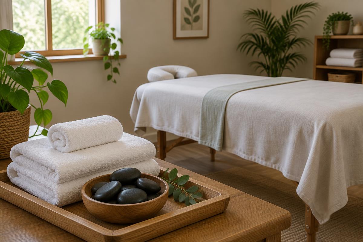 Massage room with hot stones and towels